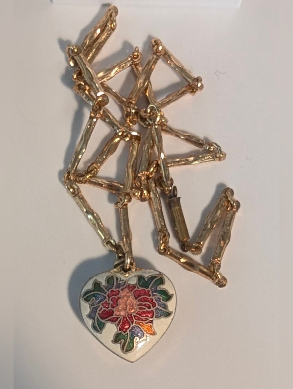 80s Reversible Cloisonné Enamel Puffy Heart Necklace, bamboo chain